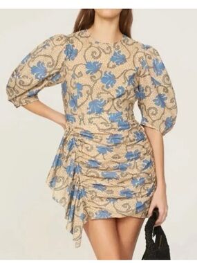 RHODE Pia Beige Mini Dress with Blue Floral Print 100% Cotton Size 8